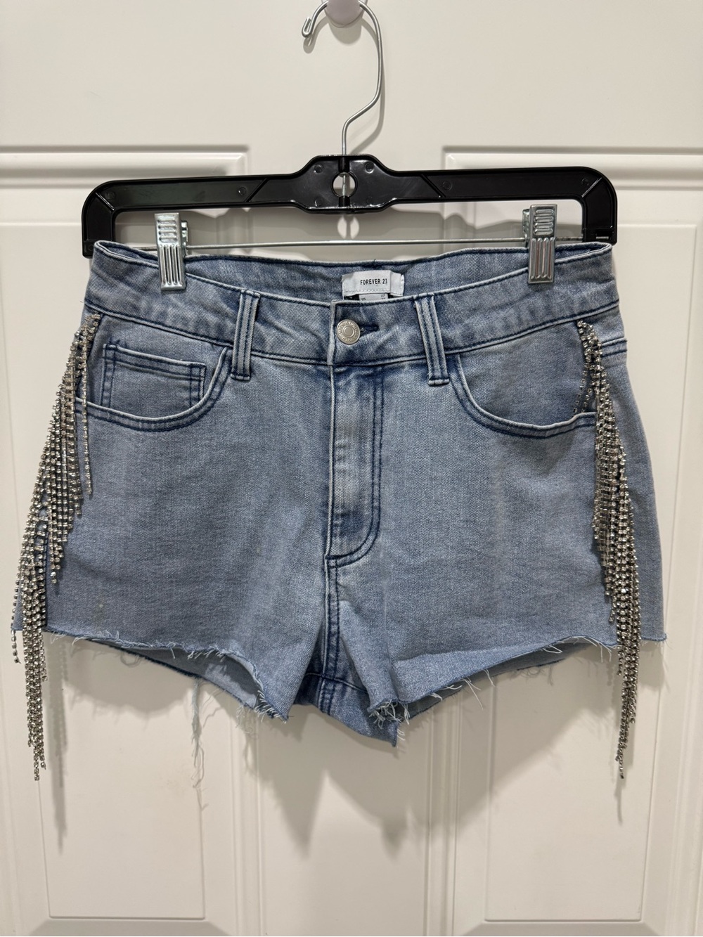 Forever 21 Light Wash Denim Shorts with Silver rhinestone Fringe